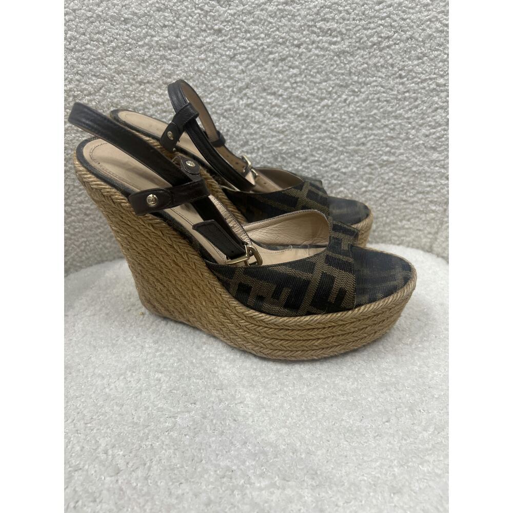 Fendi Monogram Canvas Espadrille Wedge Sandals - Size 37 - Picture 2 of 4